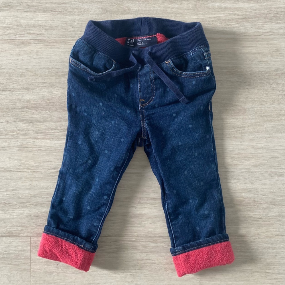 pink fleece lined polka dot jeans